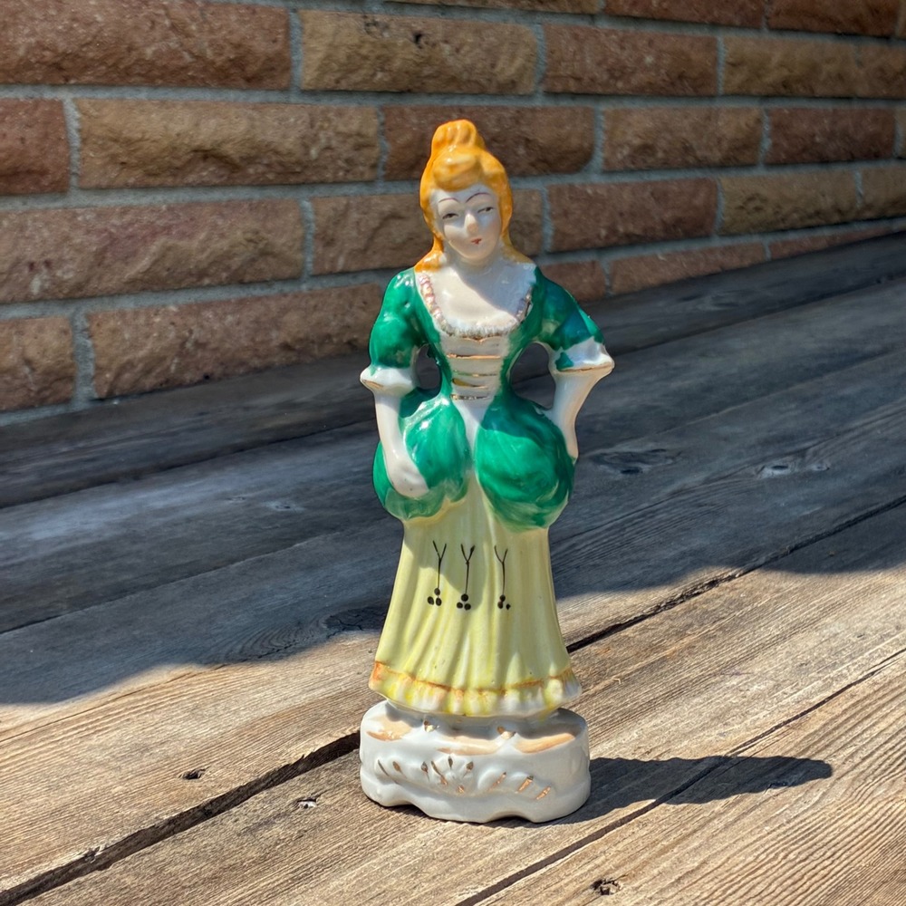 Vintage Hand Painted Porcelain Colonial Lady Figurine Green & Yellow Dress 7.5"